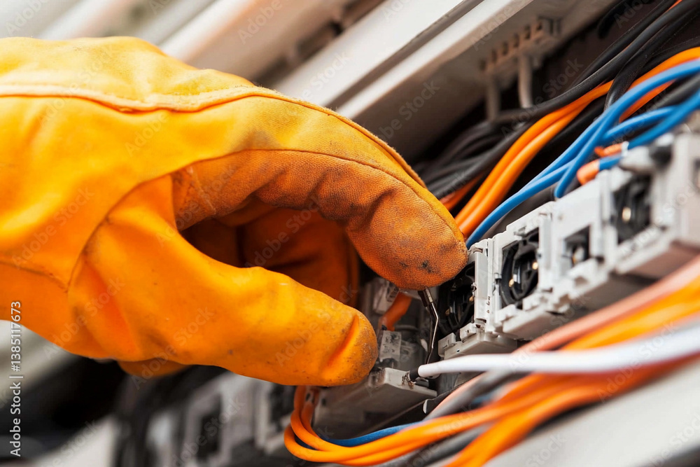 Poster worker installing a new electrical outlet while handling wires and connectors in a residential setti