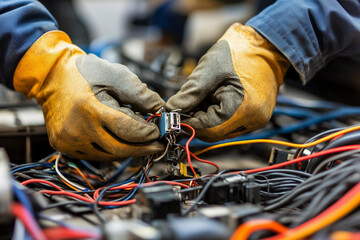 Worker installing a new electrical outlet in a commercial building with various wire connections