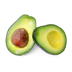 Halves of ripe avocado isolated on white, top view