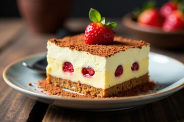 Close-up view of a single serving of tiramisu, showing texture and layers , coffee, food photography