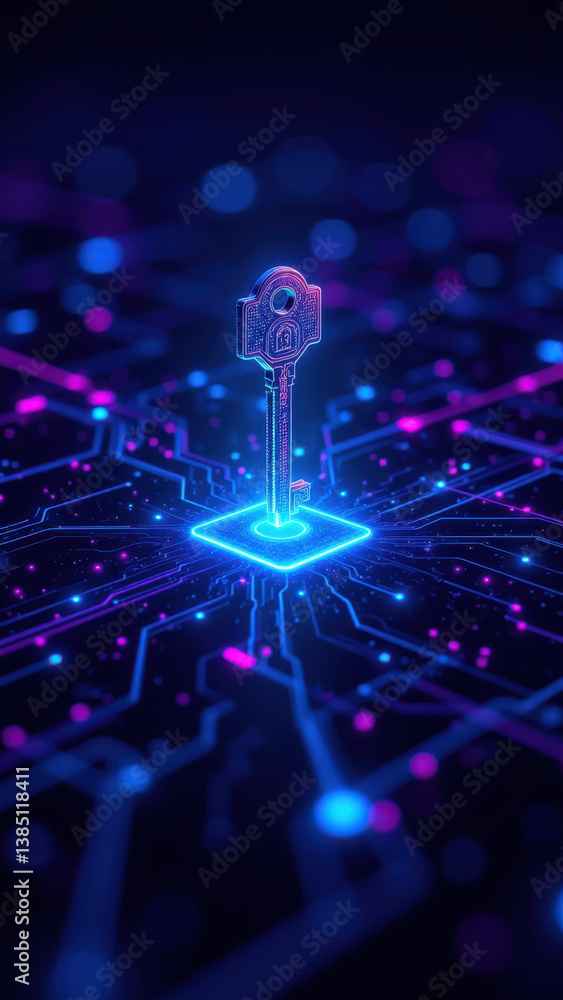 Poster cybersecurity digital illustration featuring a lock key on circuit board background with network con