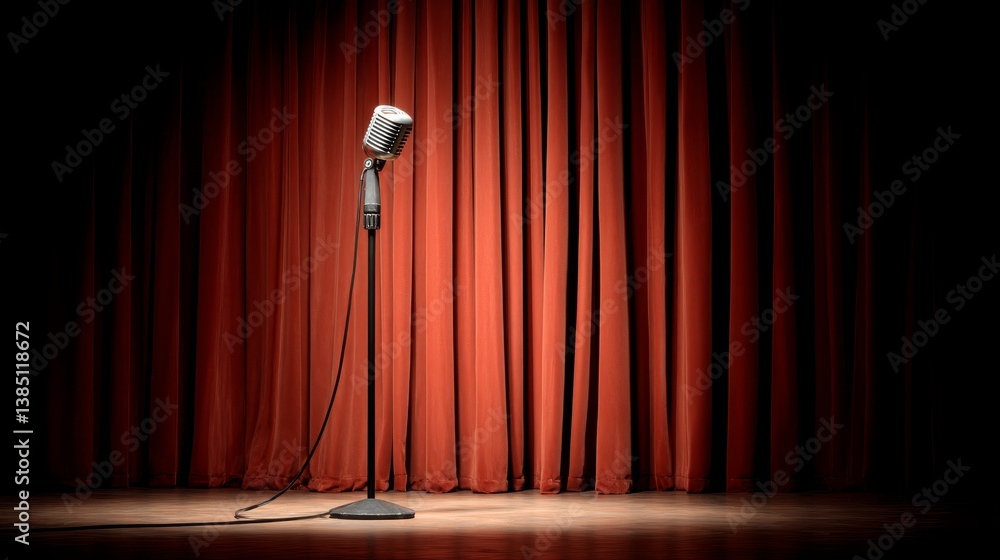 Poster an empty stage features rich red velvet curtains slightly parted, with a warm spotlight focused on a