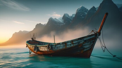 Fishing boat on the lake in the mountains at sunset. 3d render. Generated by AI