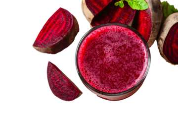 Fresh beetroot smoothie in glass and cut vegetable on beige background, flat lay. Space for text