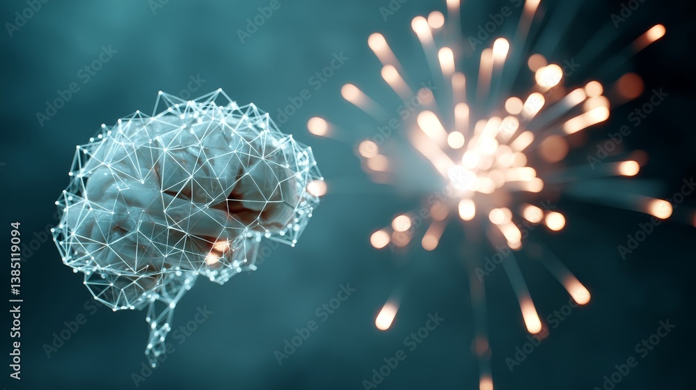Aufkleber a wireframe brain of glowing triangles hovers over a soft cyan background, with digital sparks repre