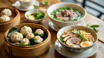Delicious selection of Asian dishes served in traditional bowls