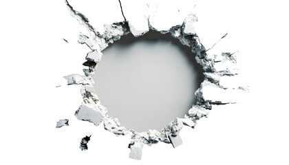 Photo of hole breaking through white wall. Concrete structure demolition. Design template on fractured brick. Smash destroy power. Element business concept. Isolated background with smartphone mockup