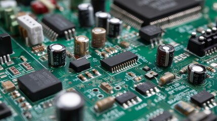 Detailed view of a green printed circuit board highlights various electronic components like capacitors, resistors, and microchips with a soft background blur