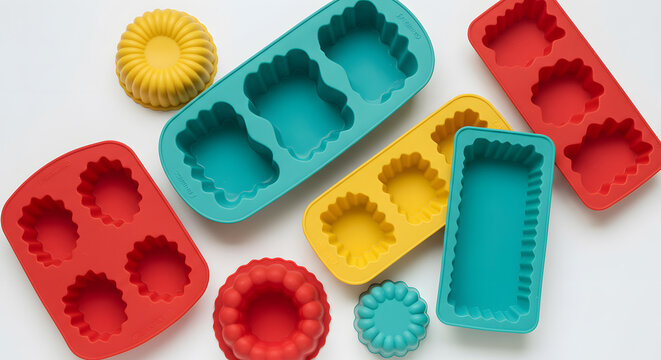 Vibrant Silicone Baking Molds: Abstract Shapes, Culinary Preparation, Bright Colors.