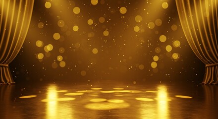 Golden stage with curtains and bokeh lights for events and performances