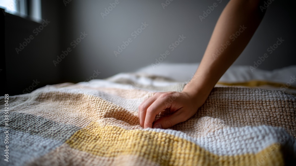 Poster A hand gently strokes the surface of a hand-knitted blanket, emphasizing its intricate patterns and rich warm colors illuminated by soft natural light