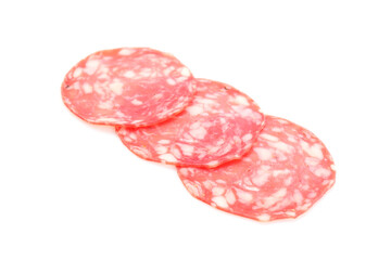 Slices of tasty smoked sausage on white background