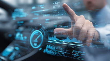 Augmented reality dashboard with businessman swiping through transparent digital statistics and flowing code  