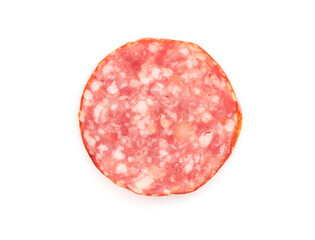One slice of tasty smoked sausage on white background, top view