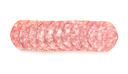 Slices of tasty smoked sausage on white background, top view