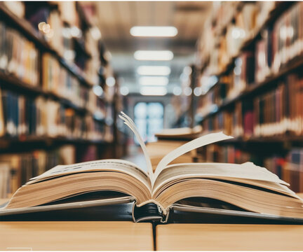 A stack of open and closed books on a wooden table in a library, with blurred bookshelves in the background. Warm natural lighting creates an academic and contemplative atmosphere, perfect for educati