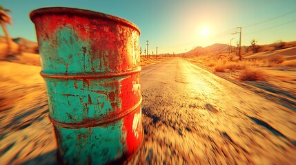 Rusty Barrel with Desert Highway Sunset.