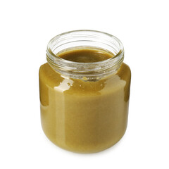 Baby food. Tasty puree in glass jar isolated on white