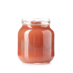 Baby food. Tasty puree in glass jar isolated on white
