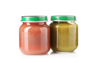 Baby food. Tasty puree in glass jars isolated on white