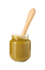 Baby food. Tasty puree in glass jar and spoon isolated on white