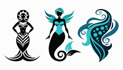The little mermaid, Little cute mermaid with fishes, Silhouette of swimming mermaids, Mermaid, mermaid silhouette set, multi color silhouette of a mermaid