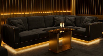 Cozy dark grey sofa in modern living room with golden accents