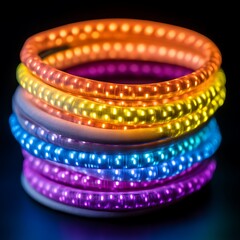 Glowing LED bracelets stacked, dark background, party accessory