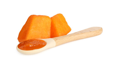 Baby food. Spoon with tasty puree and ingredient on white background