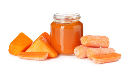 Baby food. Tasty puree in jar and ingredients on white background