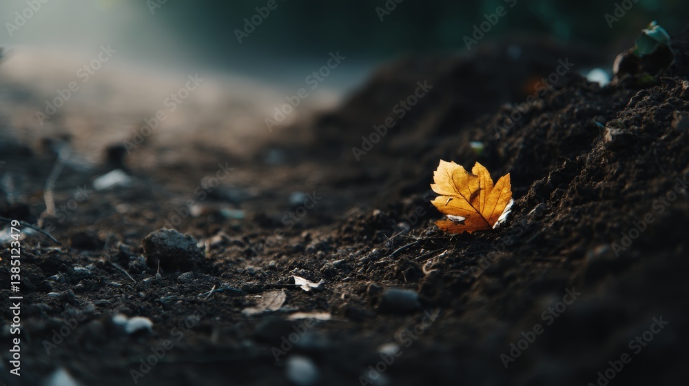 Poster A single golden leaf lies on damp earth, illuminated by sunlight filtering through morning mist in a dark forest setting, creating a striking contrast