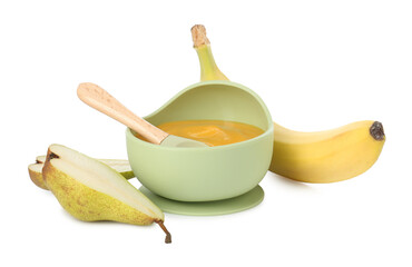 Baby food. Tasty puree in bowl, banana and pear isolated on white