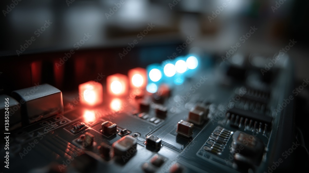 Aufkleber Detailed close-up shows a circuit board glowing with red and blue LED lights. The focus emphasizes the microchips and pathways of modern technology