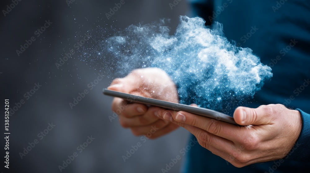Poster a person holds a tablet from which a holographic cloud storage icon emerges, glowing with blue light