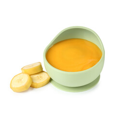Baby food. Tasty puree in bowl and banana isolated on white