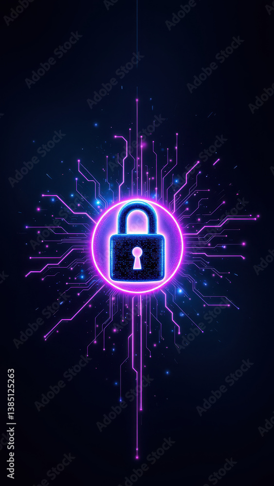 Poster a digital illustration featuring a lock icon with colorful cybernetic patterns radiating outwards, s