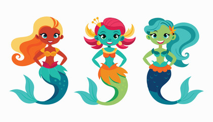Obraz premium The little mermaid, Little cute mermaid with fishes, Silhouette of swimming mermaids, Mermaid, mermaid silhouette set, multi color silhouette of a mermaid