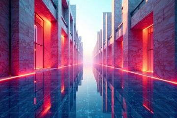 Naklejka premium Abstract geometric design of futuristic buildings with mirror surface, architecture, geometric