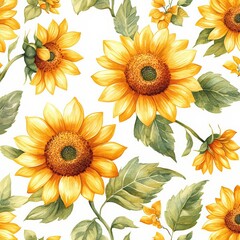 Bright Sunflowers with Green Leaves in a Cheerful Pattern Design
