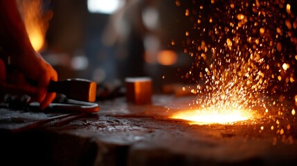 A skilled blacksmith strikes a glowing orange metal rod on an anvil, sending sparks flying in a dimly lit forge, showcasing craftsmanship and artistry at work