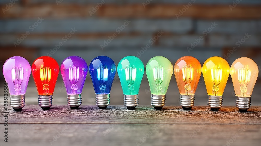Poster a vibrant array of colorful light bulbs lined up, showcasing a spectrum of hues against a rustic woo