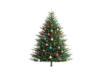Decorated Christmas tree with colorful ornaments and lights on a transparent background. Festive holiday season concept.