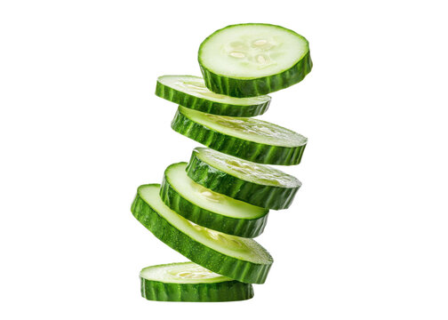 Stack of fresh cucumber slices isolated on transparent background. Healthy eating and dieting concept.