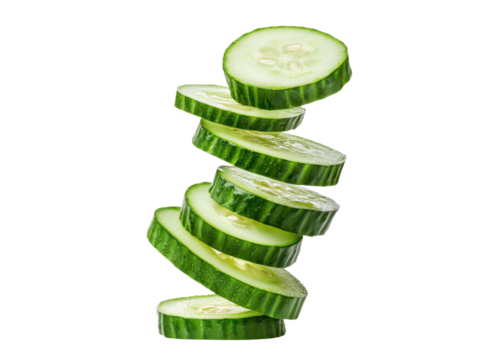 Stack of fresh cucumber slices isolated on transparent background. Healthy eating and dieting concept.