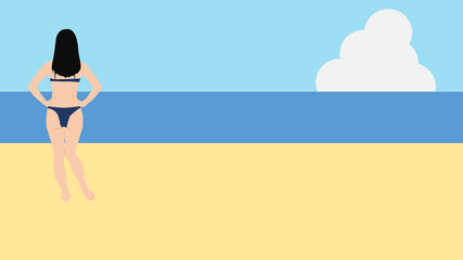 浜辺で夏休みを満喫する女性のイラスト(海水浴)