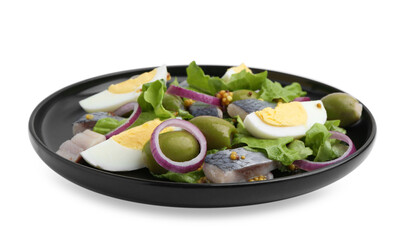 Delicious salad with herring, egg, mustard and vegetables on white background