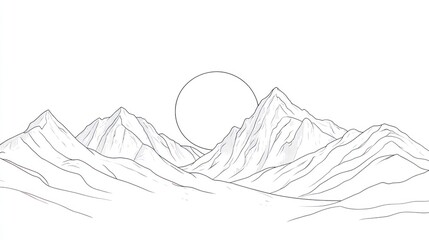 Minimalist line art mountain range sunset landscape