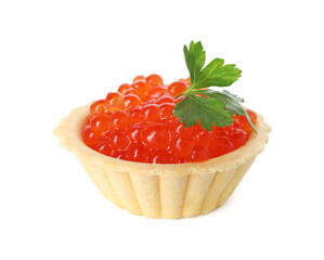 Tartlet with red caviar and parsley isolated on white