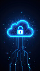 Cloud-based security concept with a digital lock icon and circuit lines representing data protection and online safety.