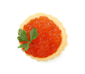 Tartlet with red caviar and parsley isolated on white, top view